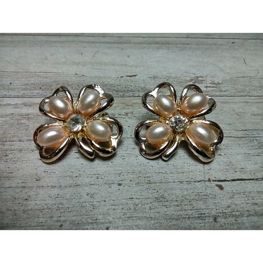 2 Vintage Silver Tone Faux Pink Pearl Rhinestone Shamrock Lucky Clover Brooches